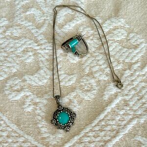 925 Silver Marcasite Pendant Necklace and Earrings